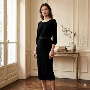 NWT David Meister Black Ruched Midi Dress with Belt - Size 14